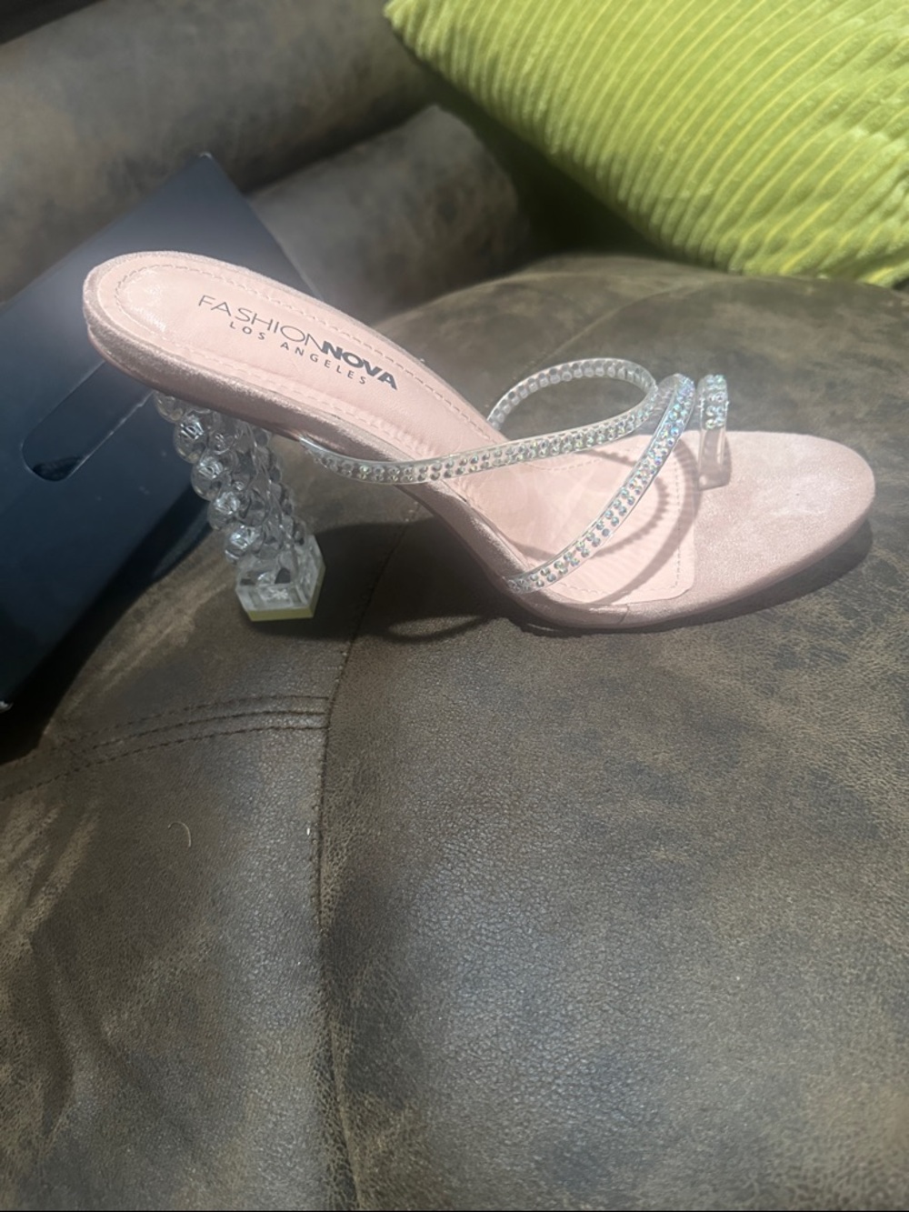 Fashion Nova Blush Pink Crystal-Strap Block Heel Mule